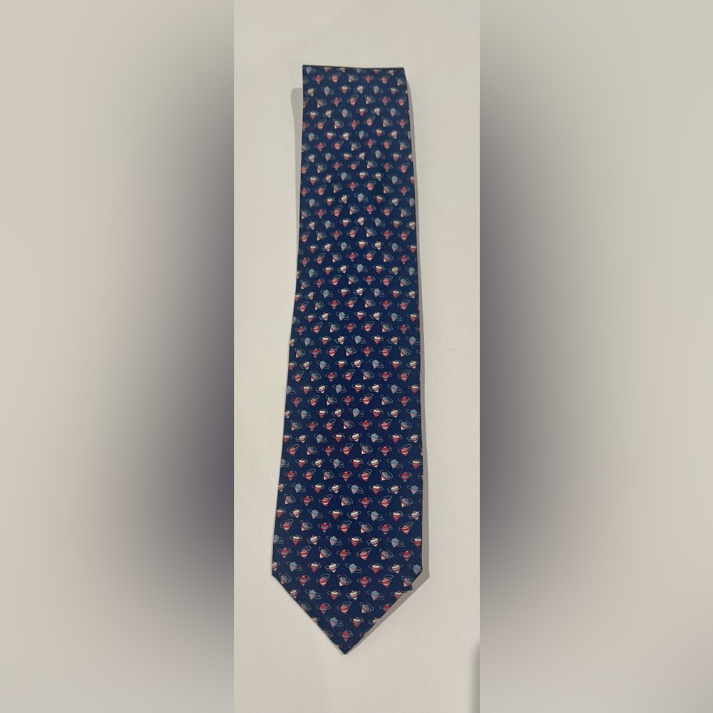 Salvatore Ferragamo Stylish Blue & Red Patterned Men's Tie subtle spinning tops